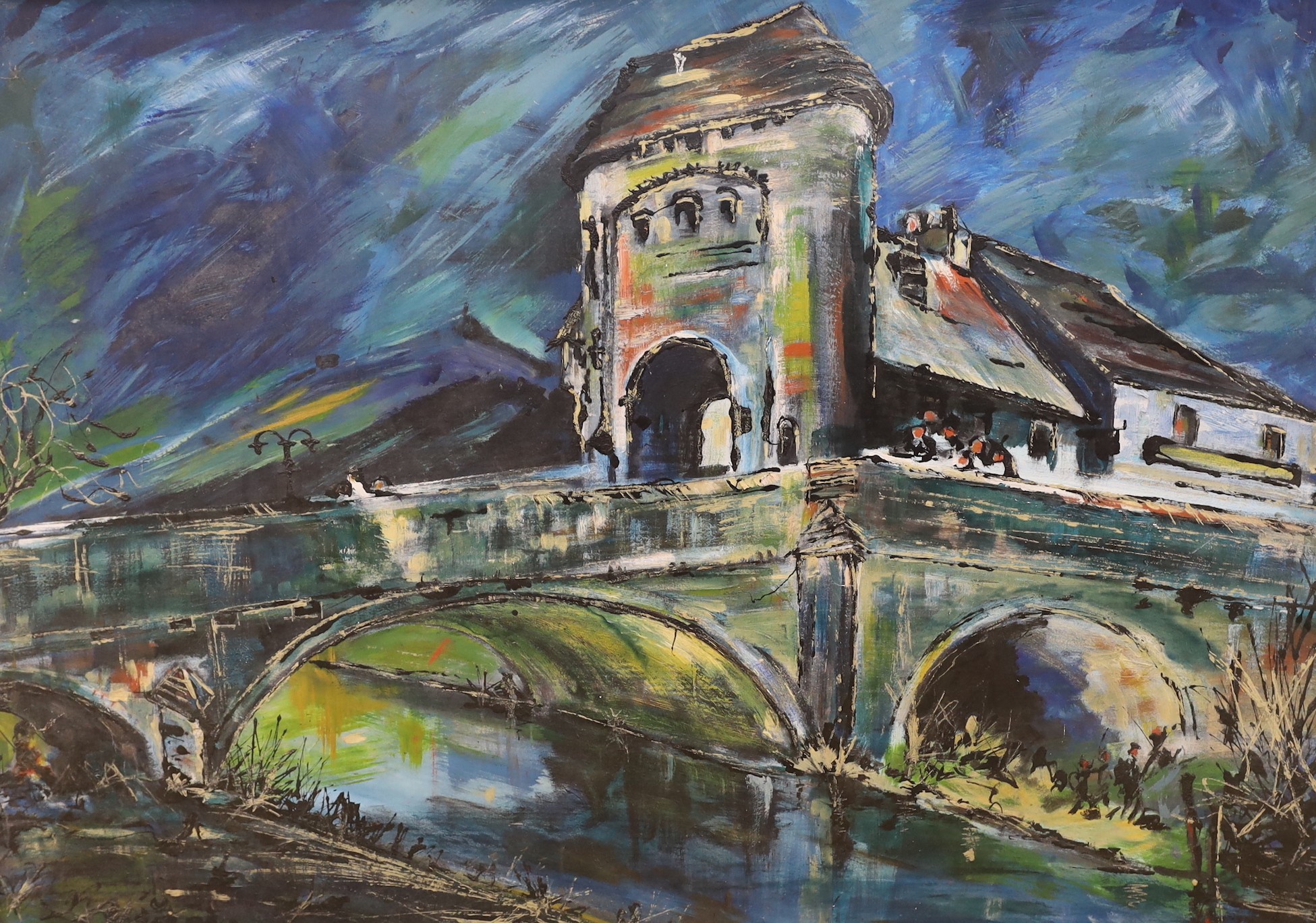 20th century French School, oil on board, Figures beside a river bridge, 83 x 120cm